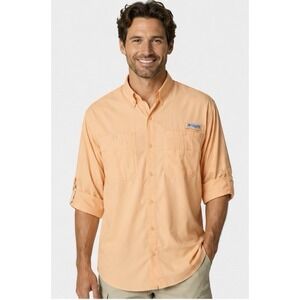 Columbia PFG Button Front Long Sleeve Shirt Fishing Vented Orange Mens XL
